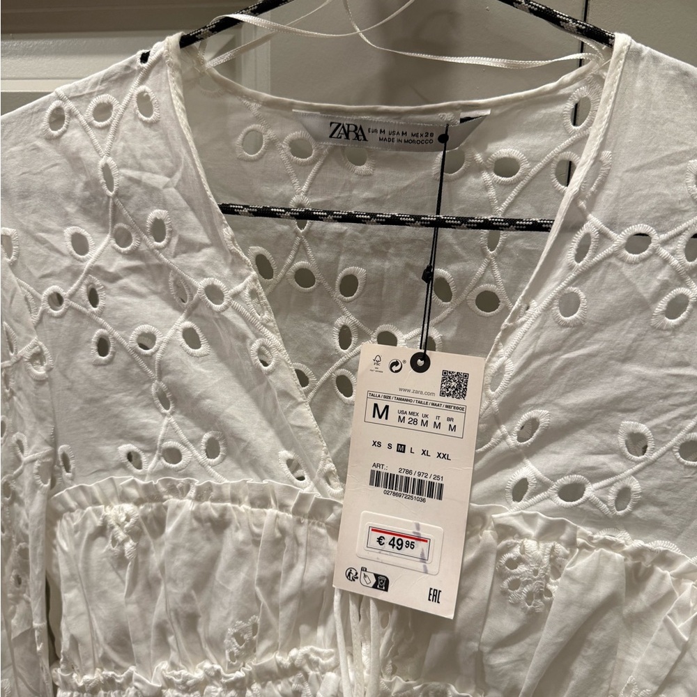 zara long sleeve eyelet mini dress in white - Picture 2 of 6